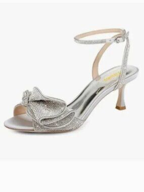 Milooey Silver Glitter Rhinestone Bow Crystal Ankle Strap Kitten Heels Sandal
